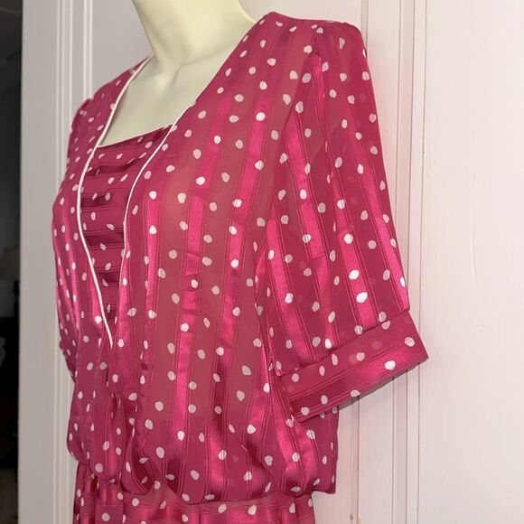 Vintage 80s Stuart Alan Bright Pink Short Sleeve Dress with White Polka Dots - Picture 6 of 10